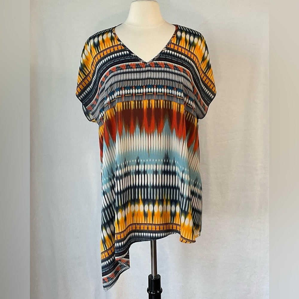 Host Pick! Cato Top Size 18/20W, Asymmetrical Hem, Cap Sleeves, Colorful Ikat